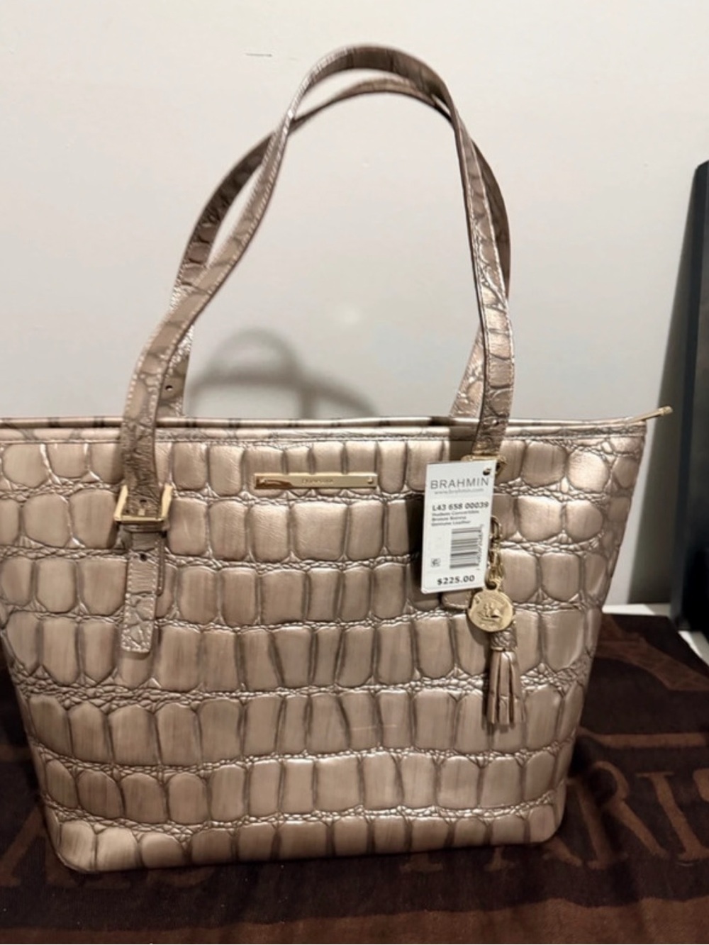 Brahmin Metallic Taupe Croc-Embossed Leather Tote with Tassel